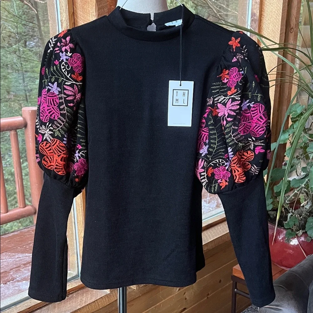 THML Black Blouse with Vibrant Embroidered Sleeves - Picture 3 of 8